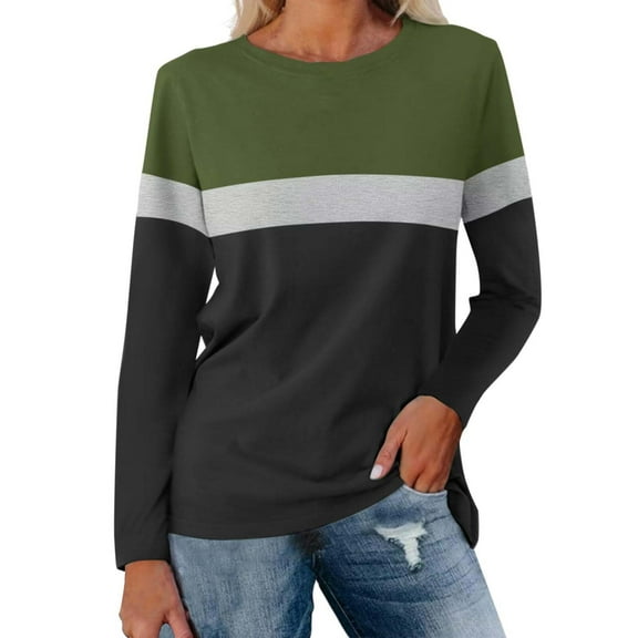 DondPO Womens Tops Women's Color Block Tunic Tops Casual Long Sleeve Shirts Round Neck Pullover Womens Dressy Tops Tops for Women Trendy Green 2XL