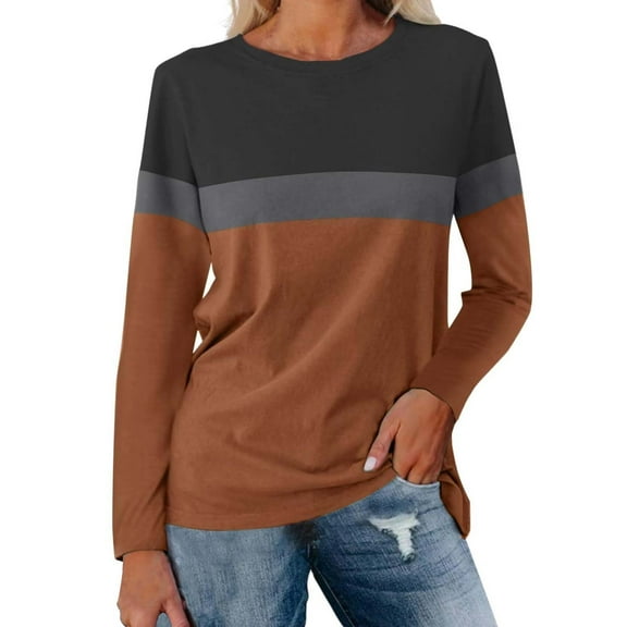DondPO Womens Tops Women's Color Block Tunic Tops Casual Long Sleeve Shirts Round Neck Pullover Womens Dressy Tops Tops for Women Trendy Brown L