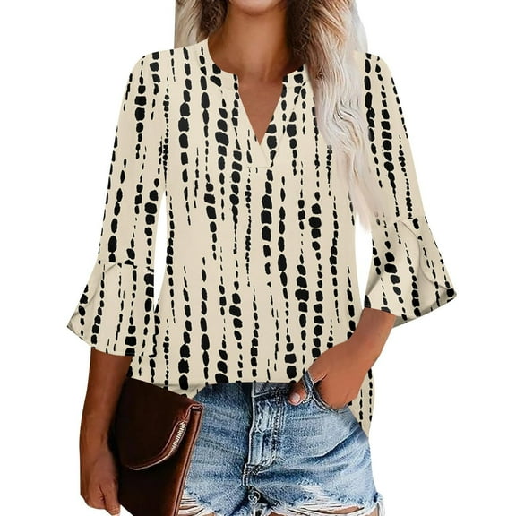 DondPO Womens Tops Women's Flared Sleeve Seven Sleeve V Neck Casual Solid Color T Shirt Top Long Sleeve Work Blouses Tops for Women Trendy Beige M