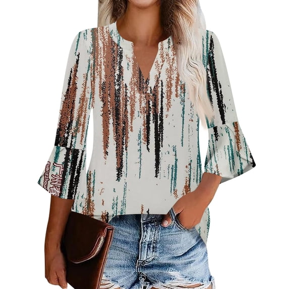 DondPO Womens Tops Women's Flared Sleeve Seven Sleeve V Neck Casual Solid Color T Shirt Top Long Sleeve Work Blouses Tops for Women Trendy Gray L