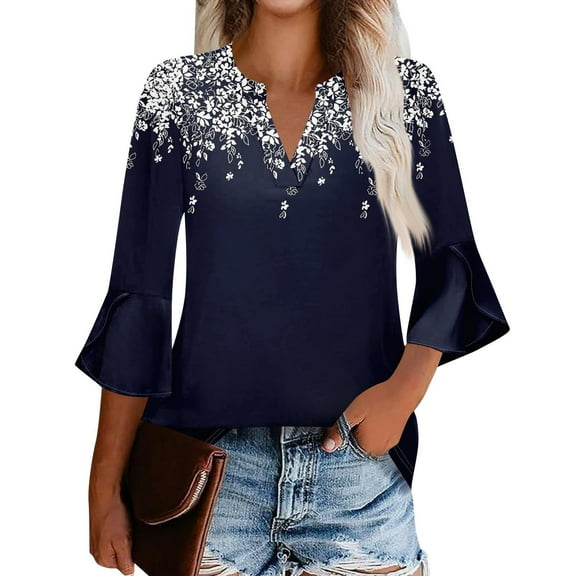 DondPO Womens Tops Women's Flared Sleeve Seven Sleeve V Neck Casual Solid Color T Shirt Top Womens Summer Tops Tops for Women Trendy Blue S