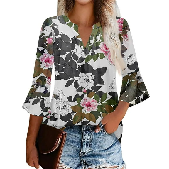 DondPO Womens Tops Women's Flared Sleeve Seven Sleeve V Neck Casual Solid Color T Shirt Top Womens Summer Tops Tops for Women Trendy White M