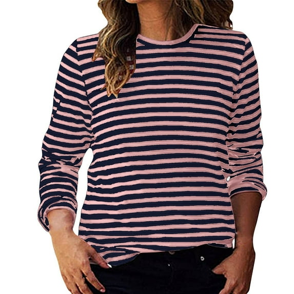DondPO Womens Tops Women's Spring Round Neck Long Sleeve Loose Two Color Striped T Shirt Top Tshirt Basic Tee Long Sleeve Shirts for Women