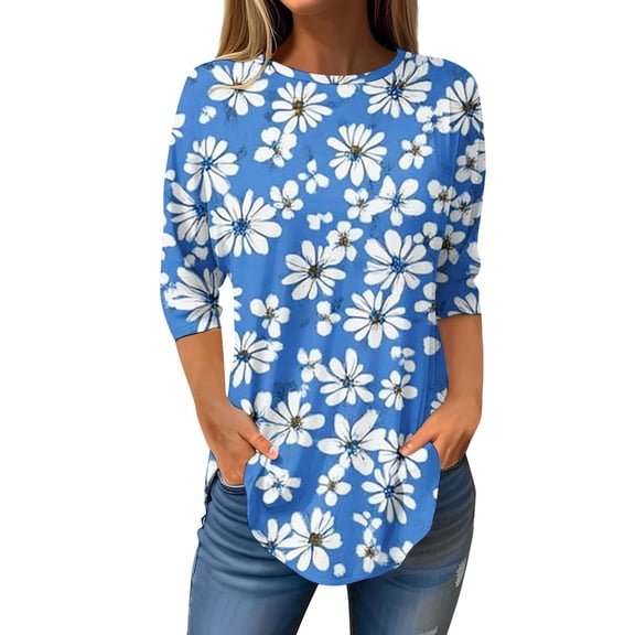 DondPO Womens Tops Women's Spring/Summer Flower Print Round Neck 7 Point Sleeve T Shirt Base Shirt Top Long Sleeve T Shirt Shirts For Women Womens Shirts Dressy Casual Blue S