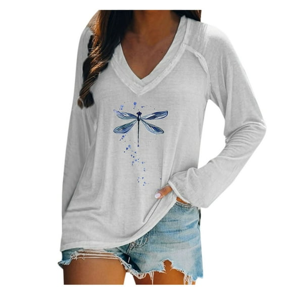 DondPO Womens Tops Women's T Shirt Blend Printed Long Sleeved V Neck Top Tshirt for Women Long Sleeve Shirts for Women