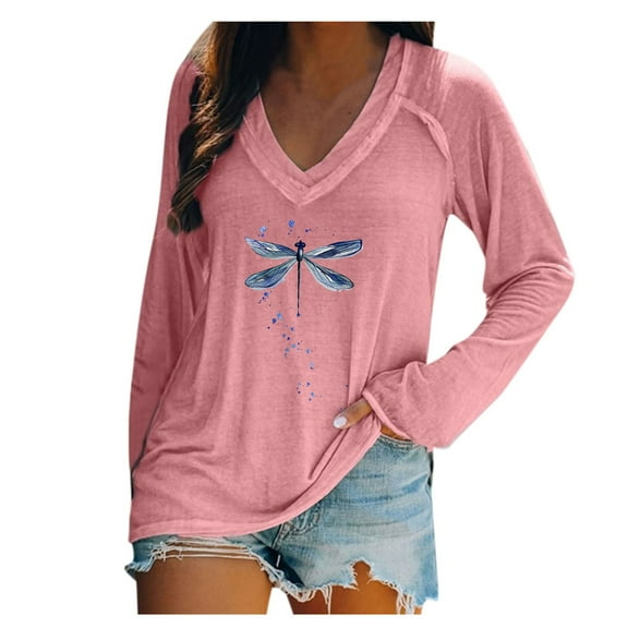DondPO Womens Tops Women's T Shirt Blend Printed Long Sleeved V Neck Top Tshirt for Women Long Sleeve Shirts for Women