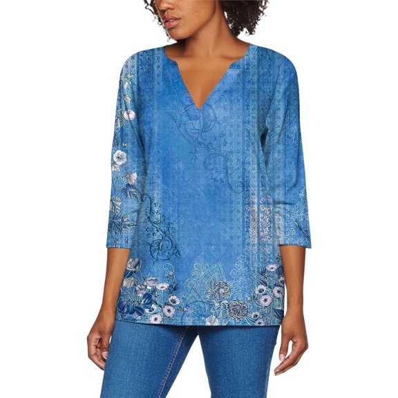 DondPO Womens Tops Womens 3/4 Sleeve Tops Summer Casual V Neck Tshirt Ladies 2024 Floral Print Daily Tees Tunic Blouses Blouses for Women Oversized Tshirts for Women Blue S