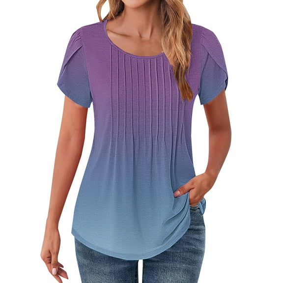 DondPO Womens Tops Womens Tops Petal Short Sleeve Summer Casual Crew Neck Shirts Floral Solid Blouse Pleated Tunics Womens Dressy Tops Tops for Women Trendy Purple 3XL