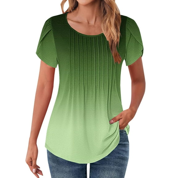 DondPO Womens Tops Womens Tops Petal Short Sleeve Summer Casual Crew Neck Shirts Floral Solid Blouse Pleated Tunics Womens Dressy Tops Tops for Women Trendy Blue M