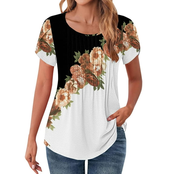 DondPO Womens Tops Womens Tops Petal Short Sleeve Summer Casual Crew Neck Shirts Floral Solid Blouse Pleated Tunics Womens Summer Tops Tops for Women Trendy Beige L