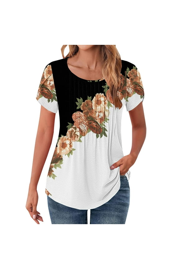 Womens Tops Womens Tops Petal Short Sleeve Summer Casual Crew Neck Shirts Floral Solid Blouse Pleated Tunics Womens Summer Tops Tops for Women Trendy Beige L