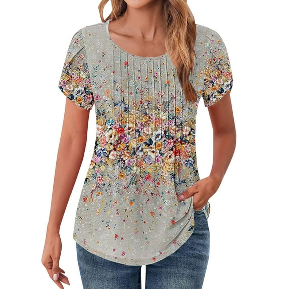 DondPO Womens Tops Womens Tops Petal Short Sleeve Summer Casual Crew Neck Shirts Floral Solid Blouse Pleated Tunics Womens Summer Tops Tops for Women Trendy Gray M