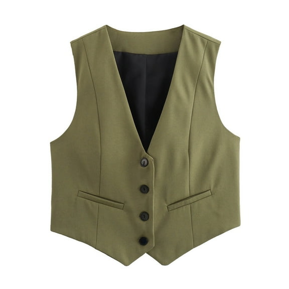 DondPO Womens Vest Women's V Neck Buttons Vest Summer Elegant Chic Sleeveless Single Breasted OuterwearVests Female Waistcoat Tops Women's Outerwear Vests Vest Women Trendy Green L