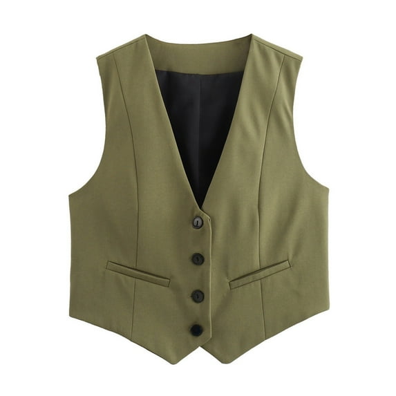 DondPO Womens Vest Women's V Neck Buttons Vest Summer Elegant Chic Sleeveless Single Breasted OuterwearVests Female Waistcoat Tops Women's Outerwear Vests Vest Women Trendy Green L