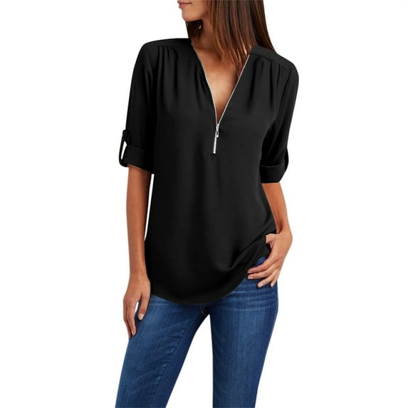 DondPO Womens tops Button Women Ladies Clothing Loose Shirt Chiffon Zipper Long Sleeves Plus Size tops Shirts for Women Linen Shirts for Women Black M