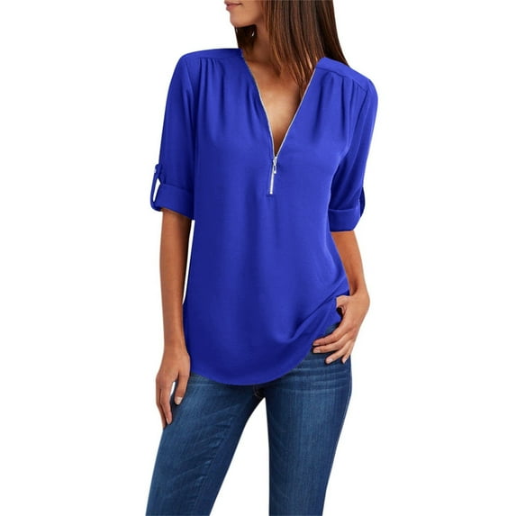 DondPO Womens tops Button Women Ladies Clothing Loose Shirt Chiffon Zipper Long Sleeves Plus Size tops Shirts for Women Linen Shirts for Women Blue 4XL