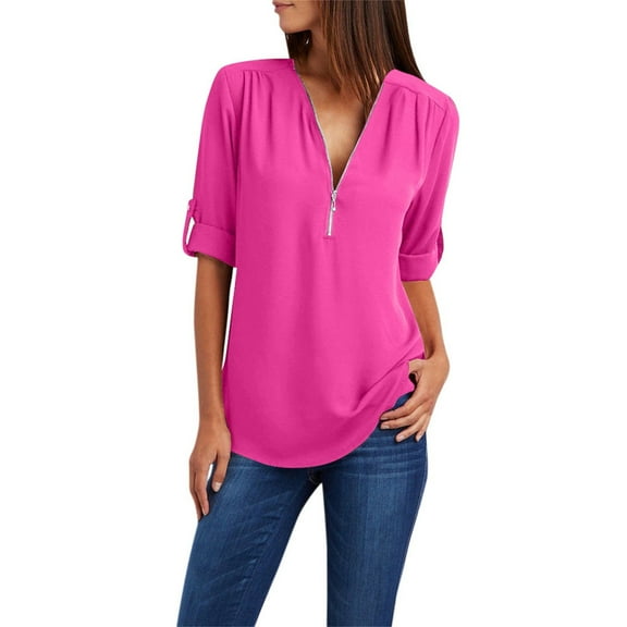DondPO Womens tops Button Women Ladies Clothing Loose Shirt Chiffon Zipper Long Sleeves Plus Size tops Shirts for Women Linen Shirts for Women Pink 3XL