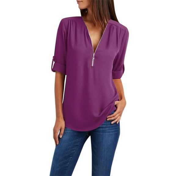 DondPO Womens tops Button Women Ladies Clothing Loose Shirt Chiffon Zipper Long Sleeves Plus Size tops Shirts for Women Linen Shirts for Women Purple S