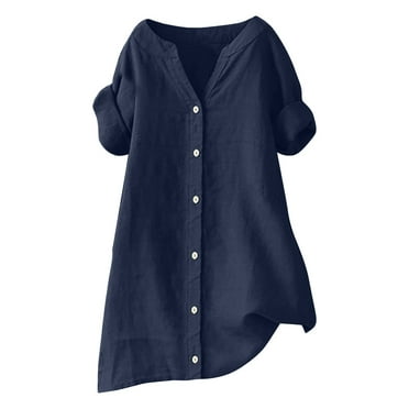DondPO Womens tops Loose Button Shirt top Stand Solid Color Sleeve Collar Casual Women's Shirt Women's Shirt Shirts for Women Linen Shirts for Women Blue 4XL Clearance！