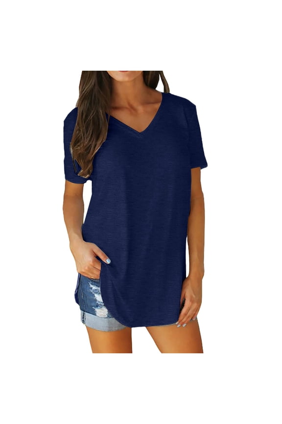 Womens tops Summer Women's V Neck Short Sleeved Loose T Shirt with Arc Hem Large Size Solid Color top Shirts for Women Blouses for Women Blue 4XL