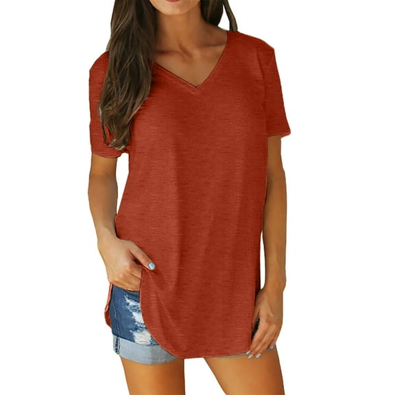 DondPO Womens tops Summer Women's V Neck Short Sleeved Loose T Shirt with Arc Hem Large Size Solid Color top Shirts for Women Blouses for Women Orange M