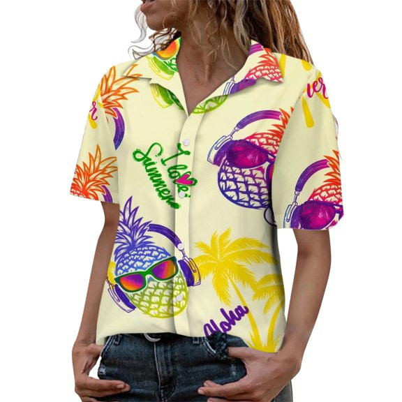 DondPO Womens tops Women Ha Waiian Short Sleeve Casual T Shirt tops Ladies Button Blouse Tee Shirts for Women Linen Shirts for Women Red M