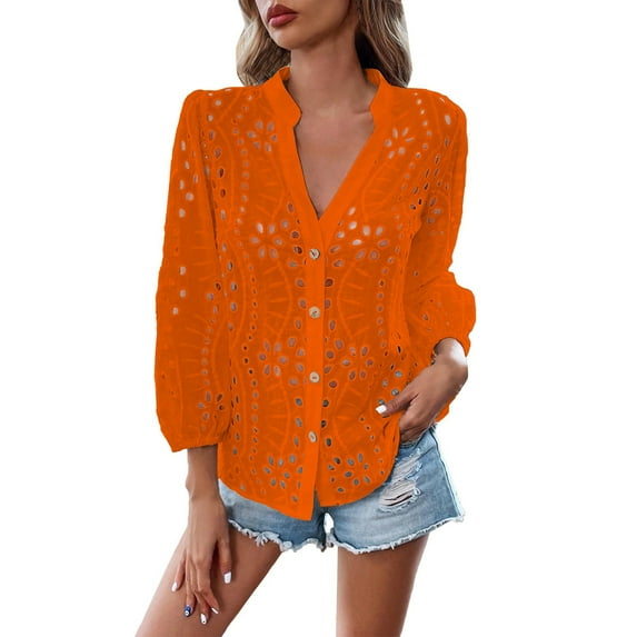 DondPO Womens tops Women's Boho Crochet Shirt Balloon Sleeve Button Lace Eyelet Shirt top Shirts for Women Linen Shirts for Women Red S