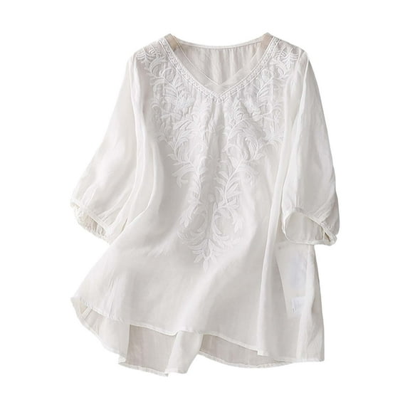 DondPO Womens tops Women's Embroidered Blouse Cotton Linen Puff Short Sleeve Crew Neck Boho top Summer Casual Loose Fit T Shirts Shirts for Women Linen Shirts for Women White L