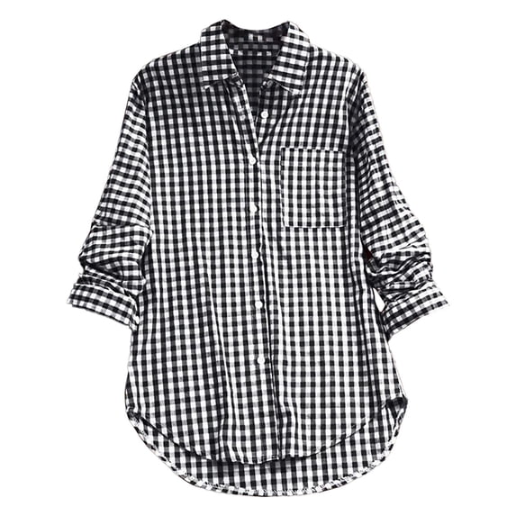 DondPO Womens tops Women's Plaid Lapel Long Sleeve Vintage Shirt top Shirts for Women Linen Shirts for Women Black XL