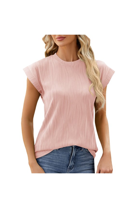 Womens tops Women's Solid Color Water Pattern Round Neck Cap Shoulder Sleeve top Shirts for Women Blouses for Women Pink L