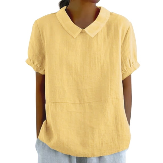 DondPO Womens tops Women's Summer Solid Color Cotton and Linen top Shirts for Women Linen Shirts for Women Yellow L