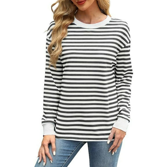 DondPO Womens tops Womens Tunic tops Loose Fit Long Sleeve Striped Shirts Crewneck tops Shirts for Women Blouses for Women Black L
