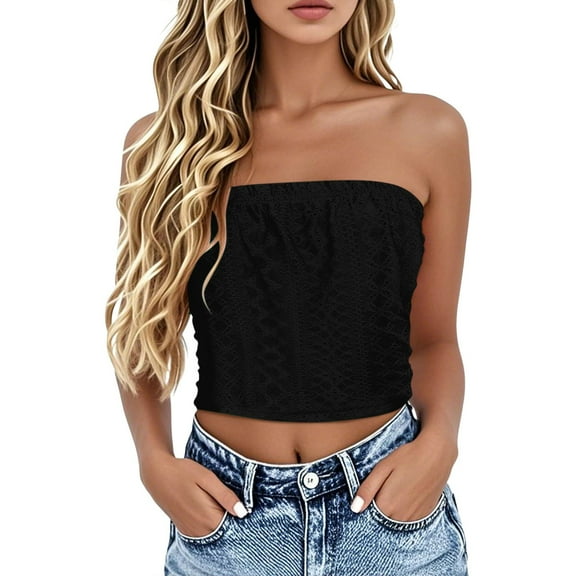 DondPO Y2k Sleeveless Tube Tops Women Strapless Eyelet Embroidery Tube Tops Plus Size Tube Tops For Women Strapless Shirt Women Sleeveless Backless Tube Top Black 2XL