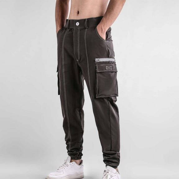 Donemore Cargo Jogger Pants with Button Waist Solid Color Multi-Pocket Tapered Cuff Design Sport Jogging Gym Casual Urban Outdoor Utility Style Men's Trousers