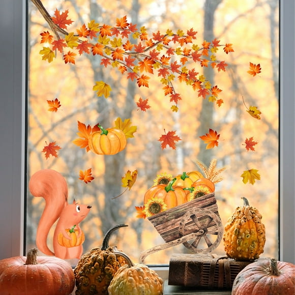 Donemore Fall Window Clings, Thanksgiving Stickers Pumpkin Maple Leaf Double-Sided Visual Decorative Wall Stickers for Autumn School Home Office Accessories Toddler Party Supplies Gifts