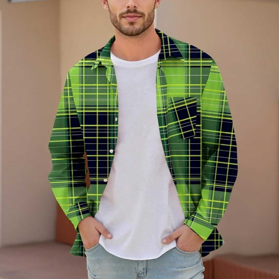 Donemore Men Casual Fashion Button Checkered Print Long Sleeve Turndown Elastic Blouse Shirt