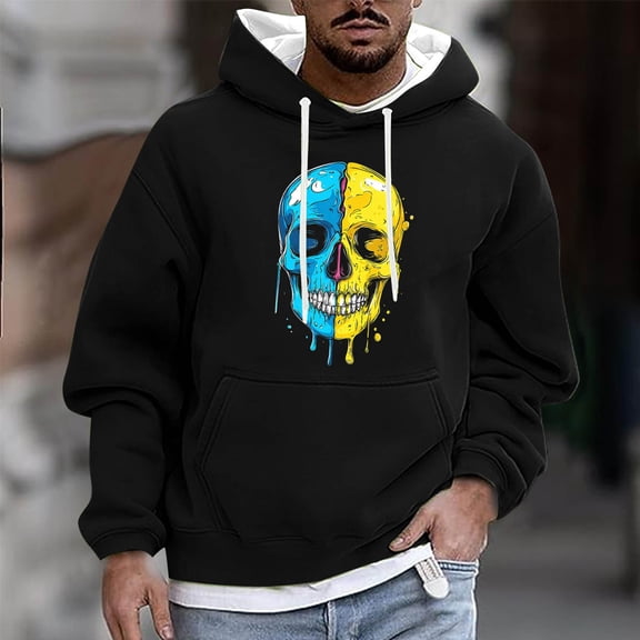 Donemore Men Casual Fashion Printed Pullover Drawstring Long Sleeve Hooded Sweatshirts