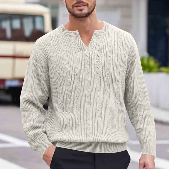 Donemore Men Casual Loose Fit Elastic V-Neck Pullover Sweater Button Detail Long Sleeve Knitted Top 100% Polyester