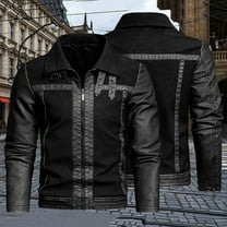 Donemore Men Casual Solid Patchwork Zipper Fashion Motorcycle Turndown Collar Leather Winter Jacket