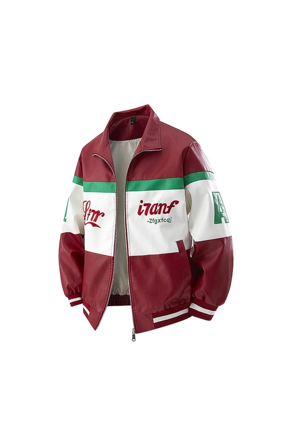 Men Embroidered Color Blocked Motorcycle Suit Zipper Button Inner-pocket Ieather Long Sleeve Stand-up Faux Leather Outwear Jacket