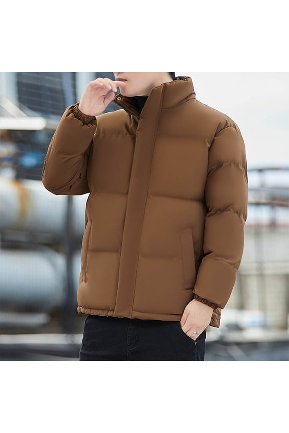 Men Solid-Color Casual Warm Bread Jacket Zipper Pocket Buttons Long Sleeve Stand-up Collar Parkas