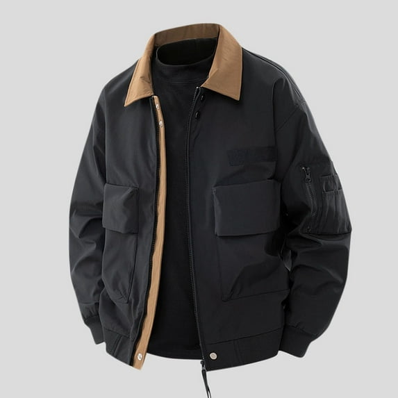 Donemore Men's Autumn Color-Block Windproof Workwear Long Sleeve Stand Collar Jacket with Multiple Pockets for Outdoor Casual Wear