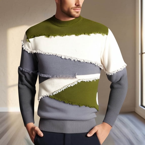 Donemore Men's Autumn-Winter Color-Blocking Stripes Round Neck Knit Sweater Long Sleeve Stretch Fabric Base Layer Casual Stylish Versatile Design