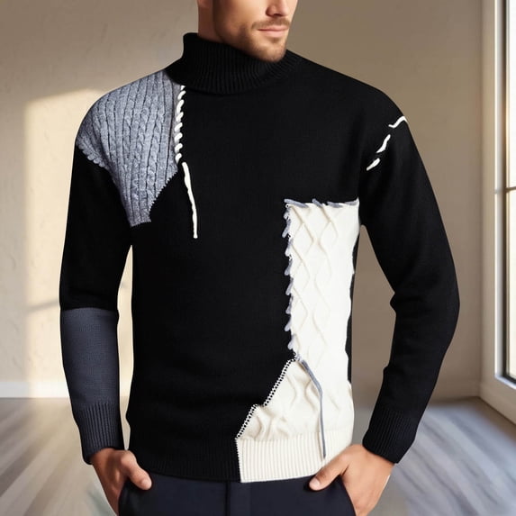 Donemore Men's Autumn-Winter Color-Blocking Stripes Round Neck Knit Sweater Long Sleeve Stretch Fabric Base Layer Casual Stylish Versatile Design
