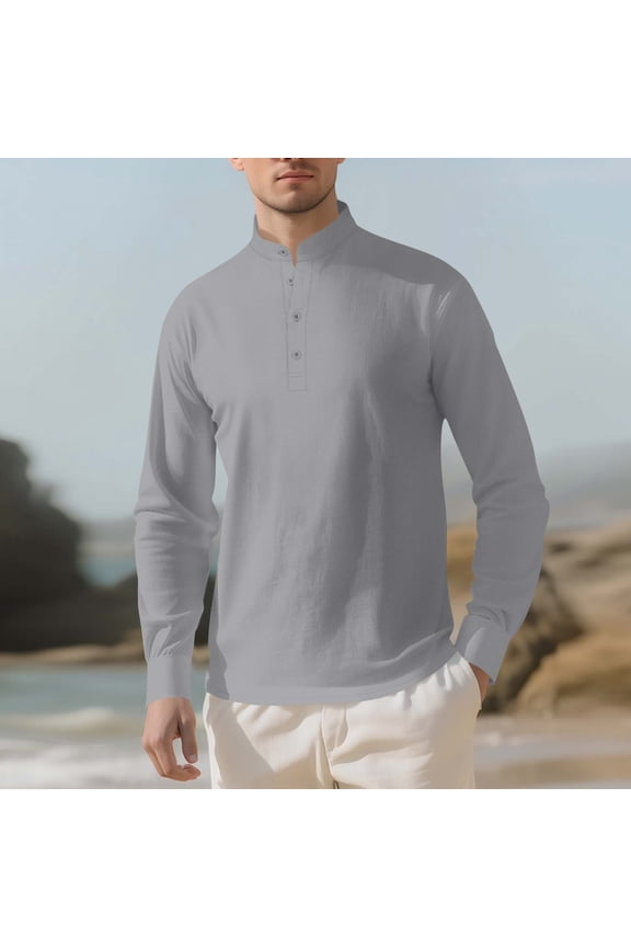 Men's Autumn Winter Linen Breathable Undershirt Half Button Front Long Sleeve Stand Collar Shirt Casual Minimalist Style Layering Top