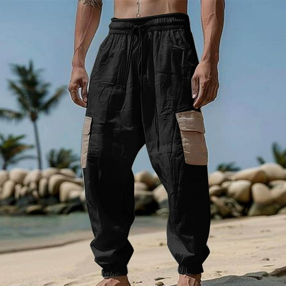 Donemore Men's Beach Pants with Color-Block Pocket Design Elastic Waistband Drawstring Cuff Casual Outdoor Quick-Dry Trousers for Vacation