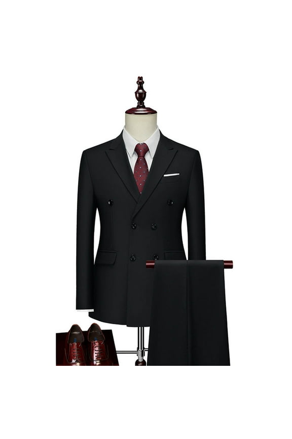 Men's Business Casual Double Breasted Button Notch Lapel Suit Set with Long Sleeve Jacket and Trousers, Multi-Pocket Design, Versatile Minimalist Office Wear Style