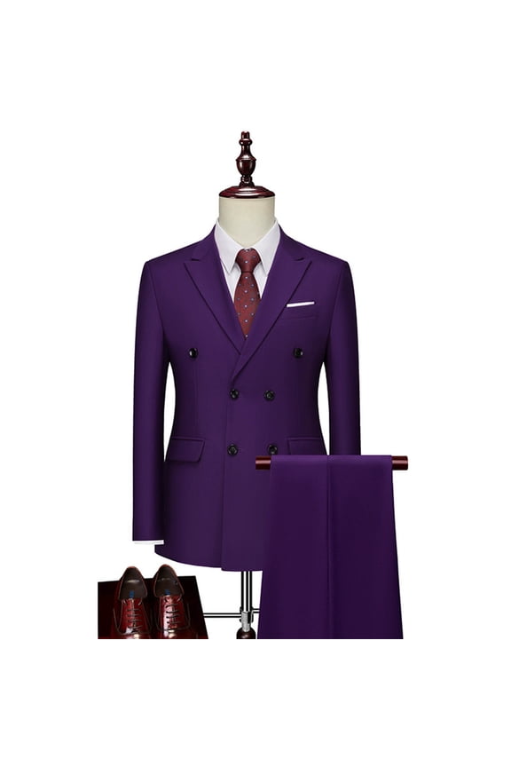 Men's Business Casual Double Breasted Button Notch Lapel Suit Set with Long Sleeve Jacket and Trousers, Multi-Pocket Design, Versatile Minimalist Office Wear Style