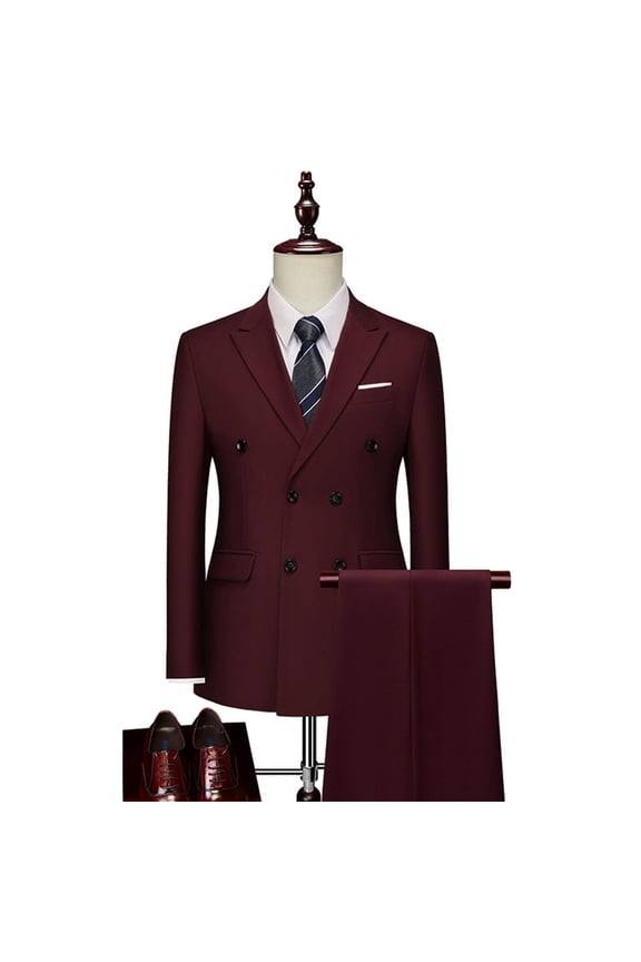 Men's Business Casual Double Breasted Button Notch Lapel Suit Set with Long Sleeve Jacket and Trousers, Multi-Pocket Design, Versatile Minimalist Office Wear Style