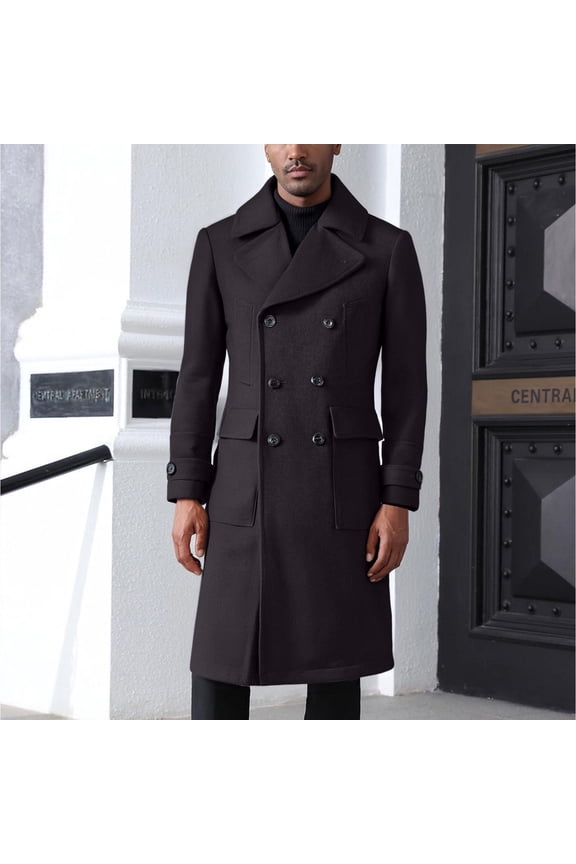 Men's Casual Fashion Button Pocket Wool Overcoat, Long Slim Warm Coat, Classic Versatile Trench Coat Style